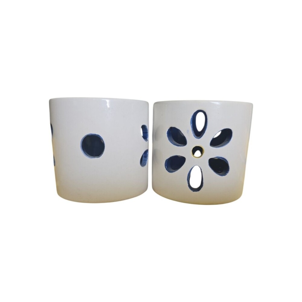 White Ceramic Votive Holders with Blue Accents - Set of 2